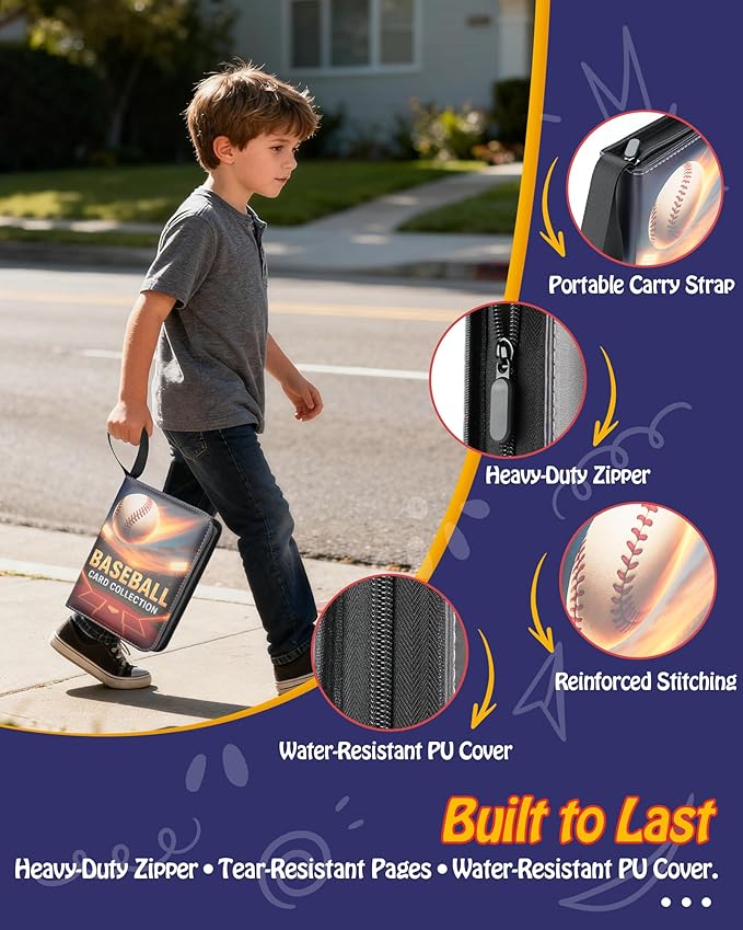 Best baseball card binder 4-Pocket holds 480 cards, 120 pages side-loading, PU leather zip waterproof cover, acid-free pages, for home storage & card shows, baseball cars binder, gift kids boys girls!