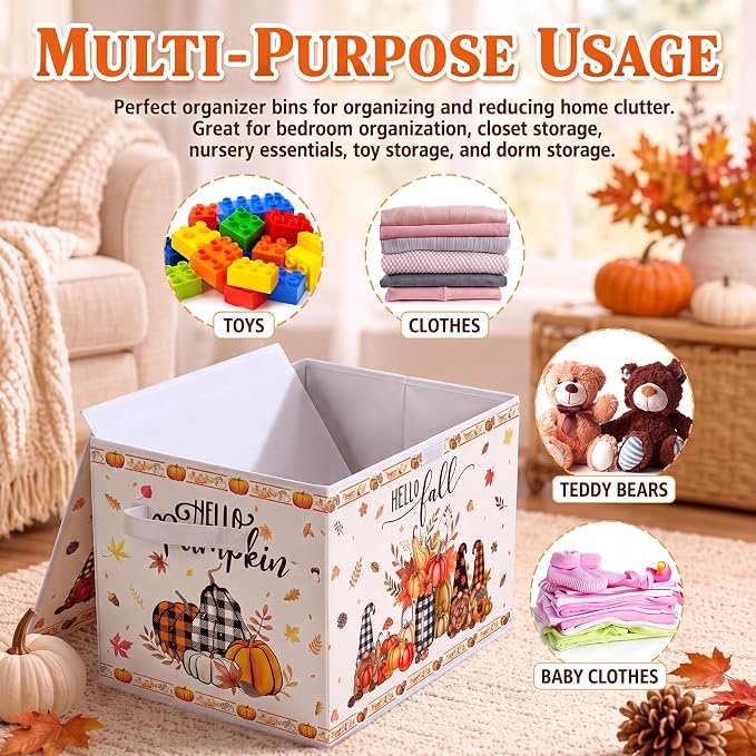 Briwooody Fall Storage Bin with Lid and Carrying Handle Pumpkin Gnome Foldable Storage Box Large Autumn Harvest Decorative Collapsible Container Basket for Organizing Closet Home Bedroom Fall Gifts