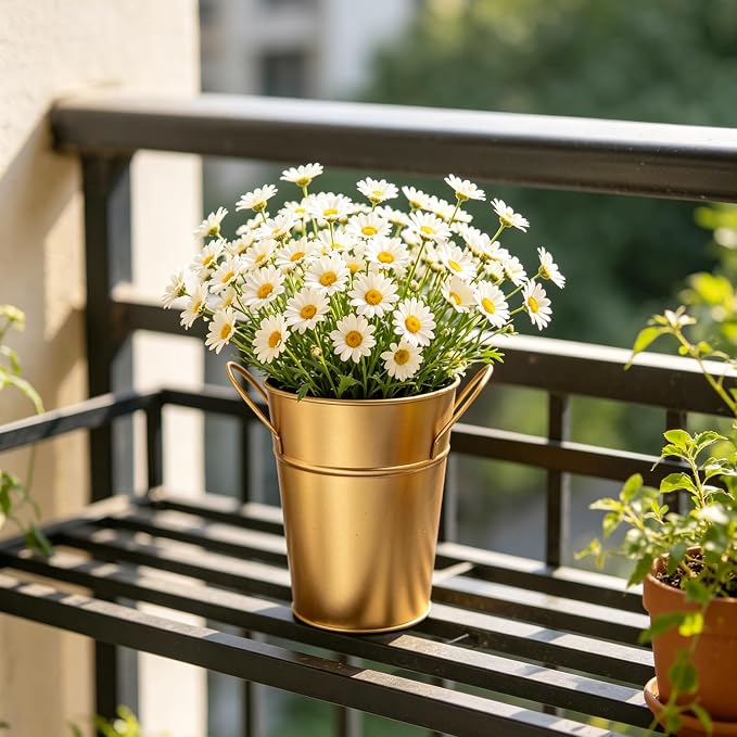 Hosley Set of 2 Gold Bucket/Pot Vase with PVC Liner, 5" Dia x 7" H Ideal Gift for Floral Arrangements Wedding Home Office Party DIY Indoor Outdoor Garden Patio