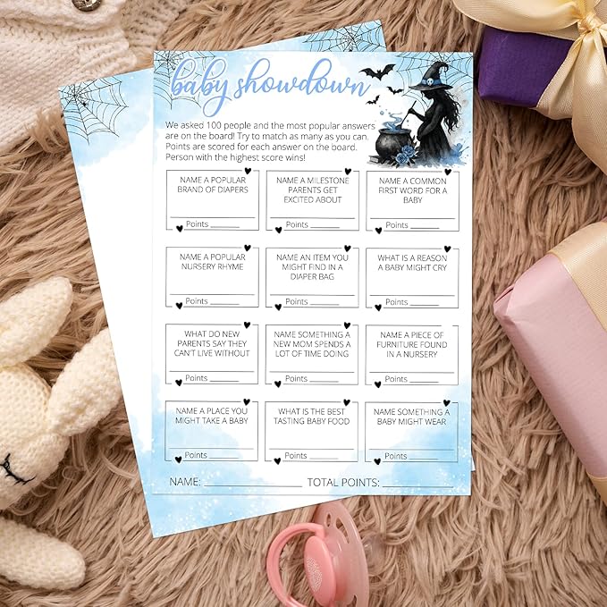 Hilarious Baby Shower Games, 25 Sets Halloween Baby Showdown + Answer Card, Blue Witch Gender Reveal Game Cards for Party Announcement Supplies - B10
