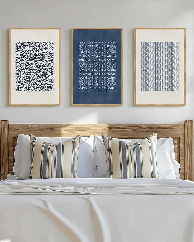 Drsoum Blue Mid-Century Modern Framed Wall Art Large 16x24in Minimalist Abstract Boho Wall Decor Geometric Artwork Kitchen Dining Room Natural Framed