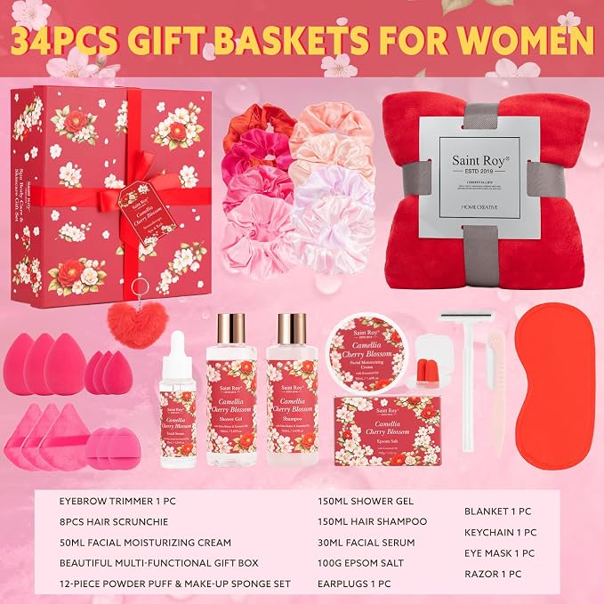 35Pc Birthday Gift for Women, Cherry Blossom Rose Bath and Body Basket Gift | Spa Gift Basket, Face Skin Care Kit, Home Spa Self Care, Lip Gloss, Birthday, Christmas, Mother, Bridal Shower, Anniversary