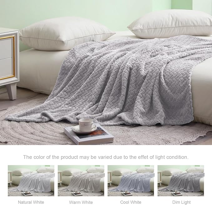 Exclusivo Mezcla Fleece Throw Blanket for Couch Sofa, 50”x70”, Light Grey | Oversized Soft Cozy Fluffy Blankets for Summer, Decorative Plush Flannel Throws for Living room, Bedroom with Leaves Pattern