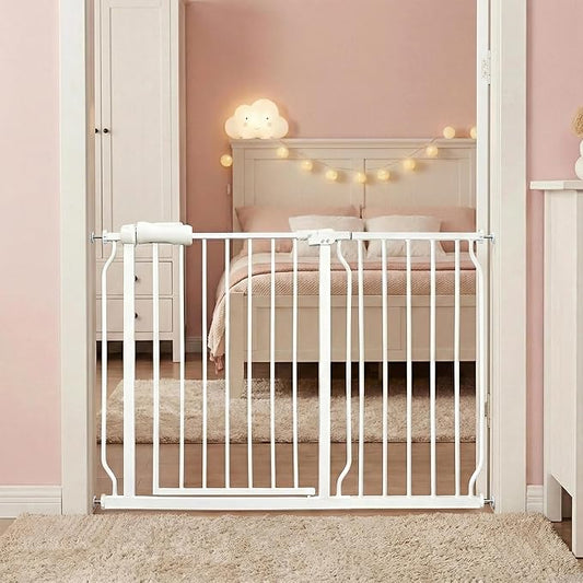 Extra Wide Baby Gate - 43.3-48 Inch Tension Mounted Safety Child & Pet Gate - White Metal - Walk Through - Long - for House Doorways & Stairs