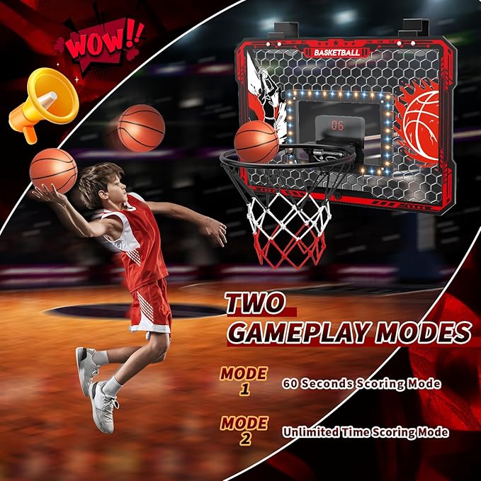 Over The Door Basketball Hoop, 2025 Upgrade Indoor Basketball Hoop with LED Lights and Scoreboard, Includes 3 Balls & Pump, Toys Gifts for3 4 5 6 7 8 9 10 11 12 Year Old Boys - Mini Basketball Hoop