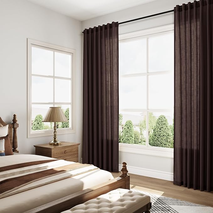 Nanspring Linen Curtains 84 Inch Long, Coffee Brown, 2 Panels 52x84 | Living Room, Back Tab, Light Filtering, Bedroom Office Window, Modern Farmhouse Decor