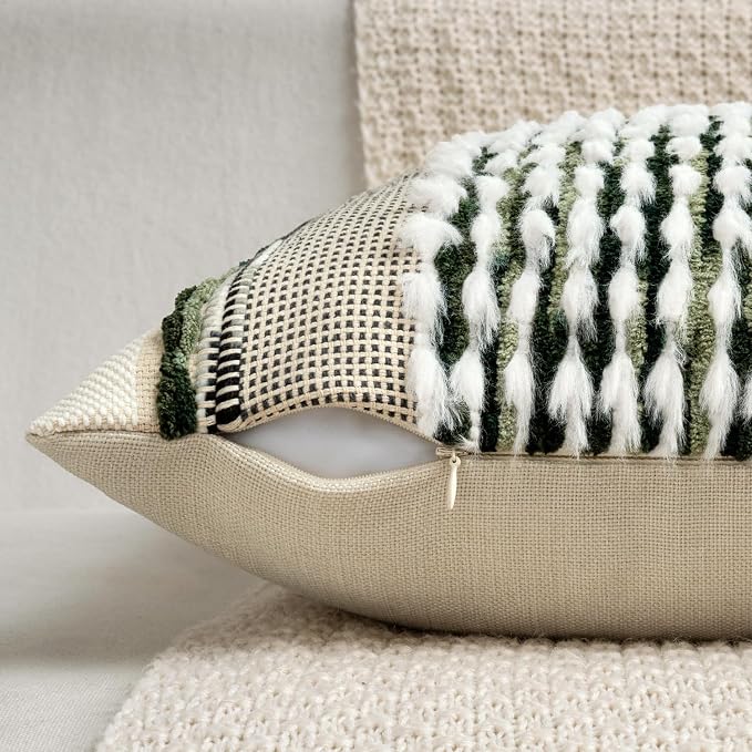 ANRODUO Boho Decorative Pillow Covers Plush Olive Green 20x20 Pack of 2 | Throw Pillow Covers, Soft Plush Tufted Farmhouse Cushion Case, Pillow Covers, Accent Neutral Pillowcase for Sofa Couch Bed