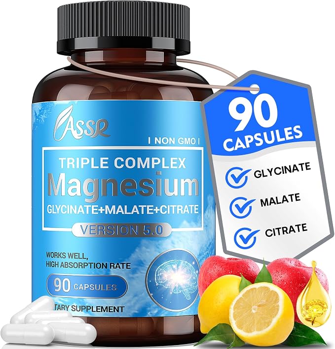 ASSR Triple Magnesium Complex - 300mg Pure Ocean Magnesium Glycinate & Magnesium Malate & Magnesium Citrate for Sleep, Energy, and Relaxation Support, High Absorption, Vegan, Non-GMO, 90 Capsules