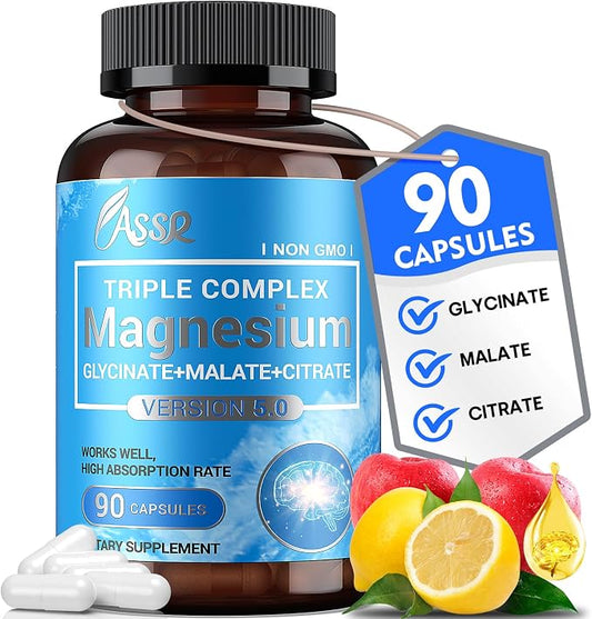 ASSR Triple Magnesium Complex - 300mg Pure Ocean Magnesium Glycinate & Magnesium Malate & Magnesium Citrate for Sleep, Energy, and Relaxation Support, High Absorption, Vegan, Non-GMO, 90 Capsules