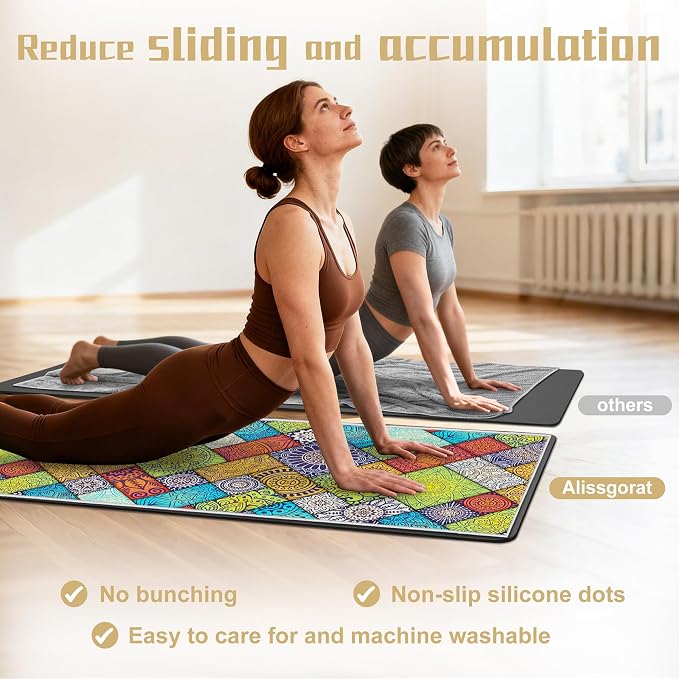 Hot Yoga Towel Non Slip, Ultra-Absorbent Yoga Mat Towel, Soft with Printed Design, Machine Washable, Yoga Pilates Towel Suitable for Exercise, Pilates, Yoga, 72x27in,Grid Mandala