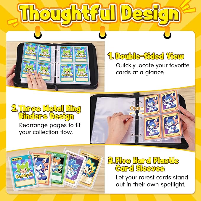 Card Binder – 4 Pocket Zipper Collection Album, Premium PU Holder, Double-Sided Display for 400 Cards, Includes 5 Hard Plastic Sleeves for Game Cards, Sports Cards(Fire)