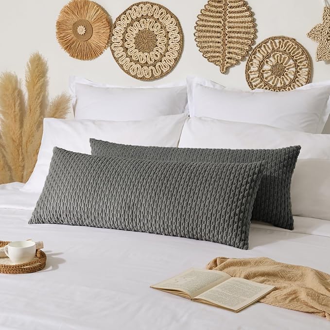 Kevin Textile Soft Corduroy 14"x36" Lumbar Pillow Cover 1 Pack, Dark Grey | Boho Stripe Plush Corduroy Decorative Oblong Cushion Cover Modern Farmhouse Home Decor for Sofa Couch Bed Chair