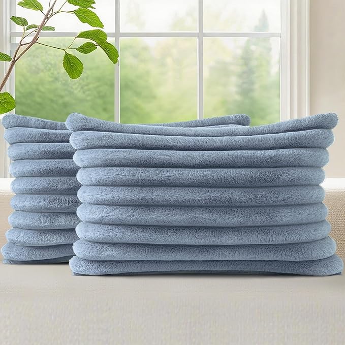 decorUhome Fall Faux Fur Throw Pillow Covers 12x20 Set of 2 Grey Blue | Decorative Soft Cozy Striped Plush Modern Farmhouse Boho Couch Pillow Cases Velvet Back for Sofa Bed Living Room Home Decor