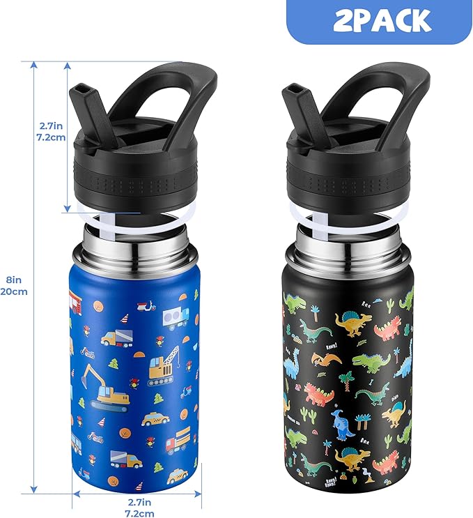 2 Pack Kids Water Bottle,14oz Stainless Steel Insulated Water Tumbler Leak-Proof,School Water Mug,Small and Portable,Suitable for Boys and Girls to Use(Black dinosaur + Blue car)
