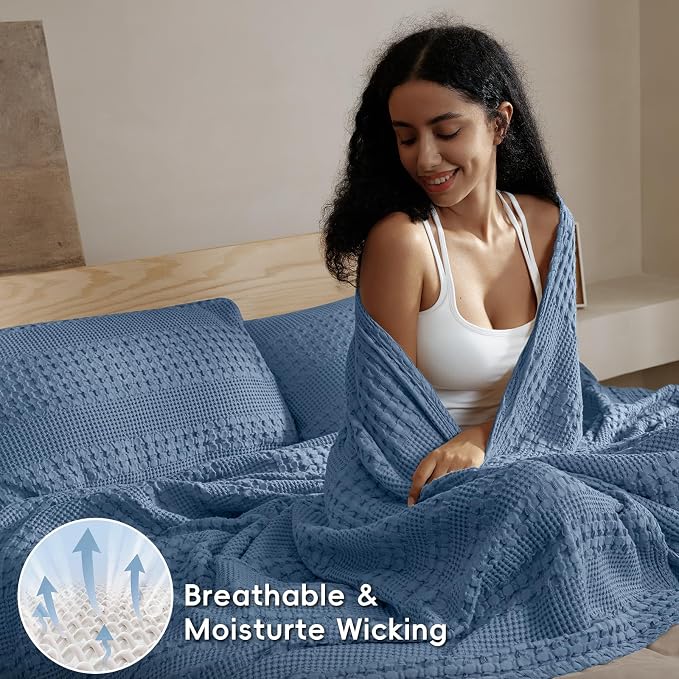 PHF 100% Cotton Waffle Weave Blanket King Size, Lightweight Breathable Summer Blanket for Hot Sleepers, Pre-Washed Soft Layer for Bed, Couch, Home Decor Gift, 108"x90", Denim Blue