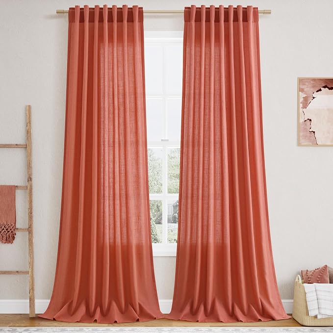 Coral Linen 96 Inch Length Curtains Panels 2 Panel Set Back Tab Rod Pocket Textured Sheer Light Filtering Boho Aesthetic Room Decor Burlap Drapes for Bedroom and Living Room Curtain 8Ft 52x96 Inch
