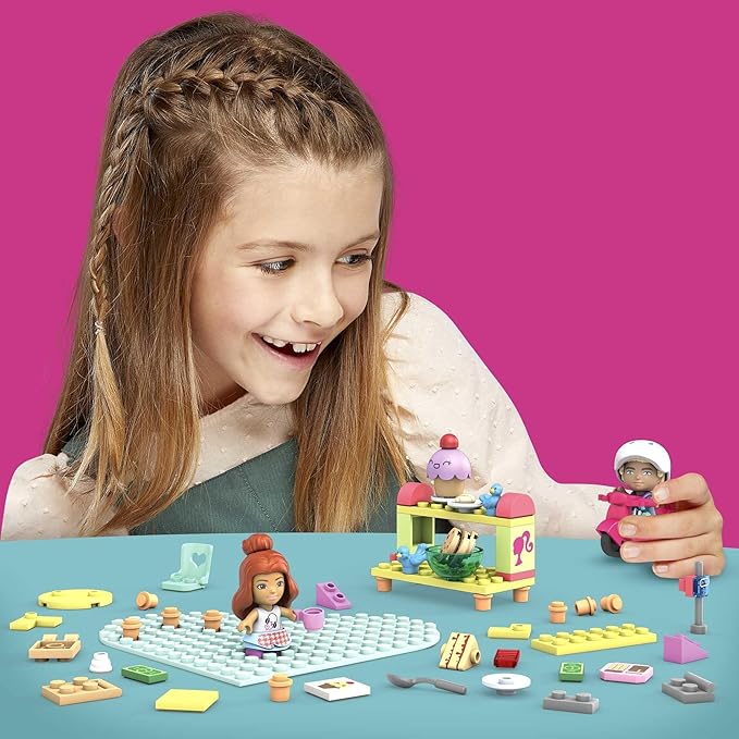 MEGA Construx Barbie Kids Building Blocks Toy Set, Bakery with 76 Pieces, 2 Micro-Dolls, Barbie Pets and Accessories, Ages 4+ Years