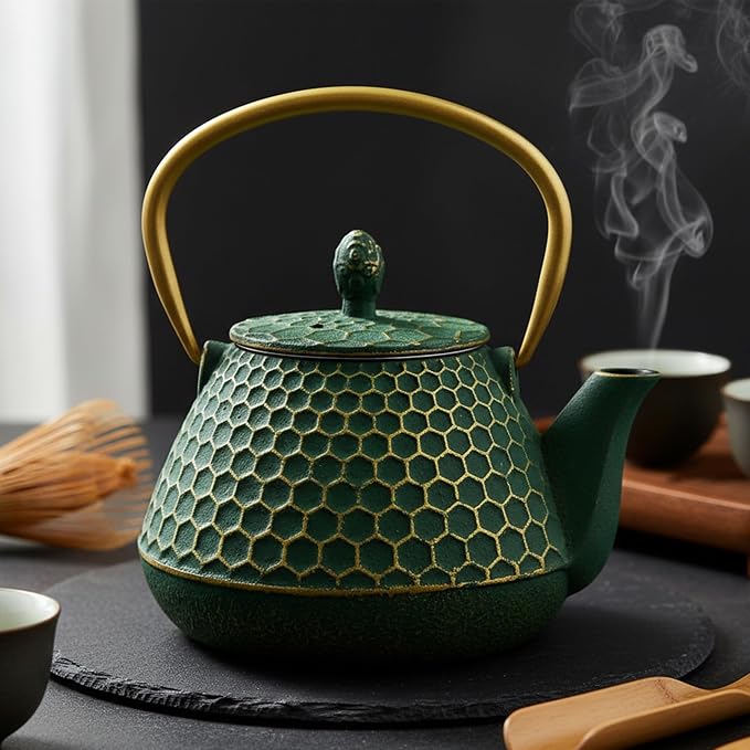 Cast Iron Tea Kettle, Japanese Tetsubin Teapot Coated with Enameled Interior, Durable Cast Iron Teapot with Stainless Steel Infuser for Stovetop Safe(1000ml/34oz)
