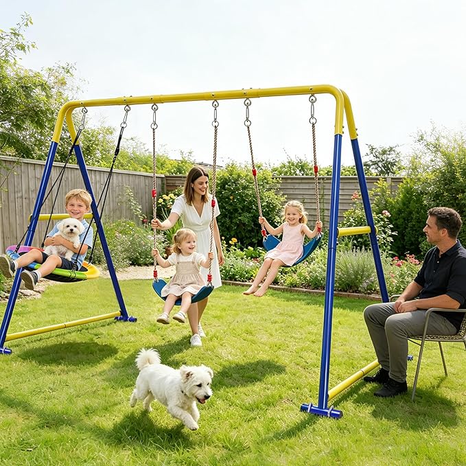 3-in-1 Swing Set for Backyard for Kids, with 1 Platform Swing, 2 Belt Swing, 600lbs Metal Swing Set for Toddler, Heavy-Duty Swing Stand w/8 Ground Stakes, Outdoor Swingset for Kids Adults (Blue)