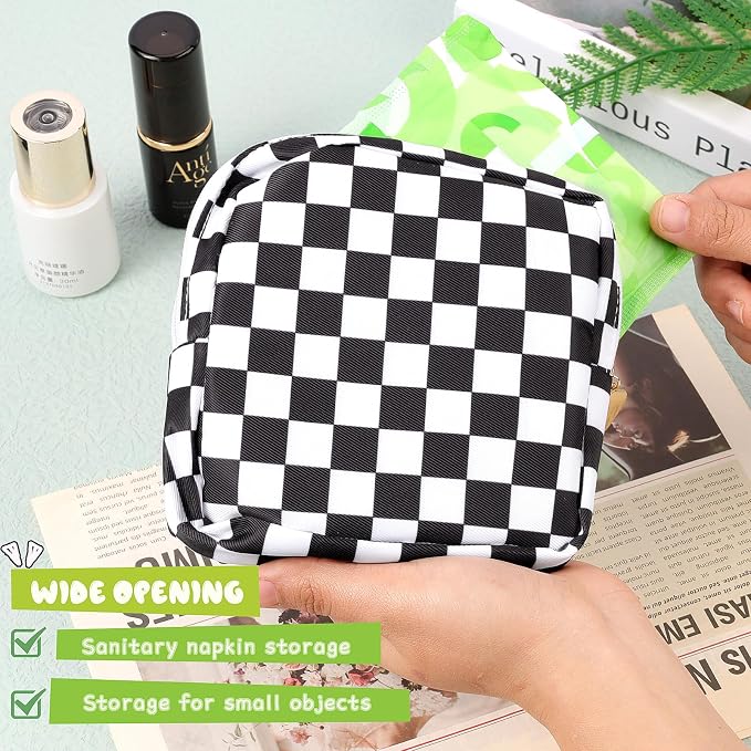 Sanitary Pad Storage Bag Portable Period Bag for Teen Pads/Sanitary Napkins/Small Tampons, Sanitary Napkin Storage Bag First Period Gifts for Teen Girls (Black-white Check)