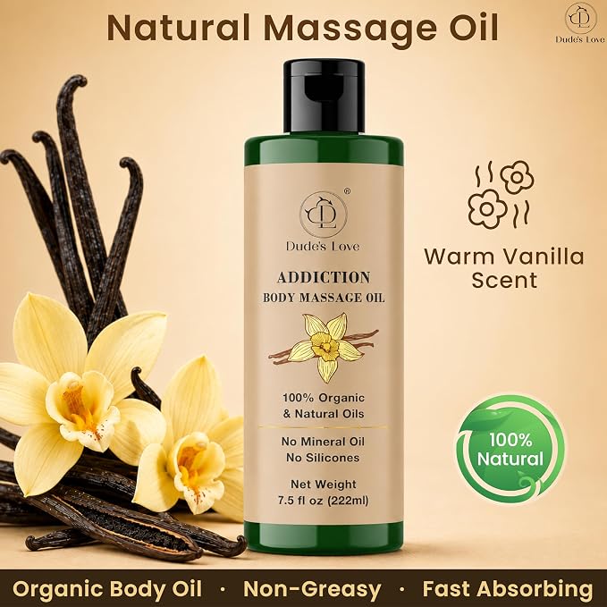 Addiction Body Massage Oil | Vanilla Scent | 100% Natural & Organic Oils | No Mineral Oil, No Silicones | Deep Nourishing Body Oil | 7.5 fl oz (222ml)