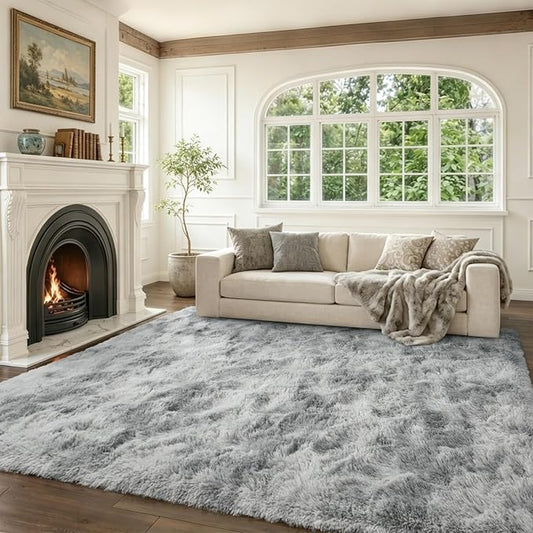 7x10 Ft Extra Large Shag Rugs for Living Room, Tie Dyed Ultra Soft Fluffy Furry Area Rugs for Bedroom Indoor Floor, Aesthetic Carpet for Kids Home Decor (Light Grey)