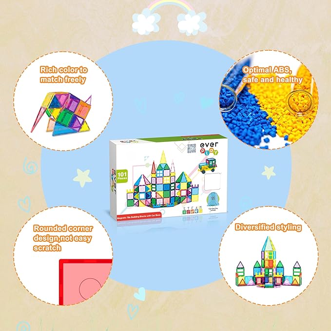 101pc Magnet Tile Building Blocks with Car Base Drawstring Carry Bag Magnetic Construction Playset Early Childhood Play Fine Motor Sensory Skills STEAM Educational Learning Toy Age 3+ EP101