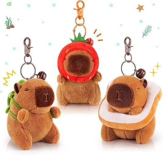 Achwishap 3PCS Capybara Plush Keychain,Cute Keychain Capybara Stuffed Animal,Soft Capybara Plush Toys Key Chain,Kawaii Plushie Stuffed Toys for Kids Adults(Turtle,Strawberry Hat,Bread)