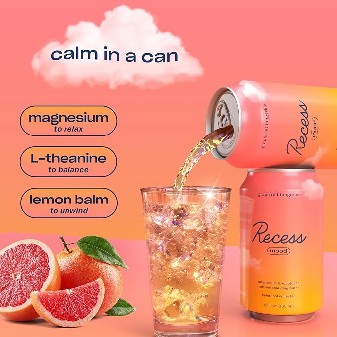 Recess Mood Magnesium & Adaptogen Drink, Relaxation Beverage, 12 ounce (Grapefruit Tangerine, 12 pack)