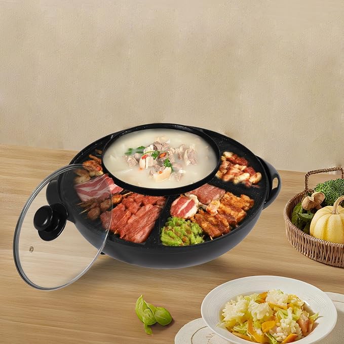 Hot Pot and Grill Combo Electric 2 in 1 Korean BBQ Grill Indoor Shabu Shabu Pot Electric Hot Pot with Grill for Hotpot BBQ, Barbecue & Grill (1350W)