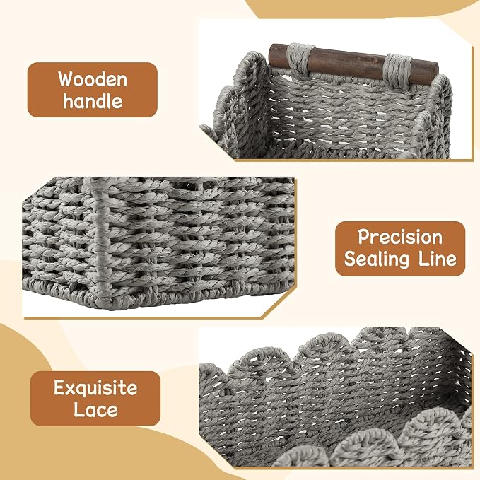 Bathroom Decor Basket for Toilet Paper Storage Baskets For Organizing | For Bedroom Living Room Kitchen Home Decor Scalloped Cute Basekt With Handle for Apartment Countertop,Gray