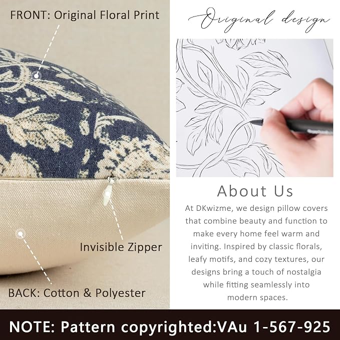 Vintage Floral Print Throw Pillow Covers 18x18 Set of 2 Neutral Modern Farmhouse Pillow Cases Accent Decorative Cushion Covers Boho Home Decor for Couch Sofa Chair Bed Living Room, Navy