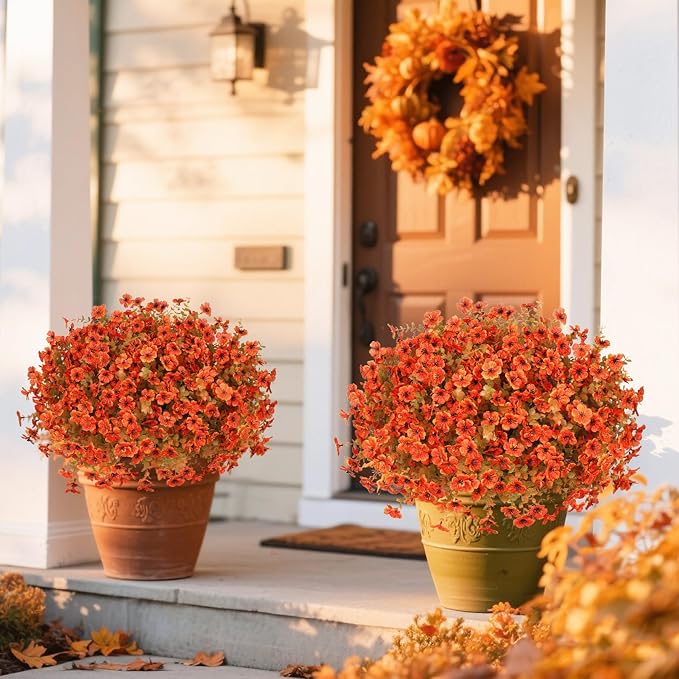 Ouddy Decor 24 Pcs Artificial Fall Flowers, Fake Mums Outdoors, Fall Orange | Lifelike faux mums, silk flower, UV resistant, no-maintenance, for autumn Thanksgiving garden porch yard indoor outdoor decor