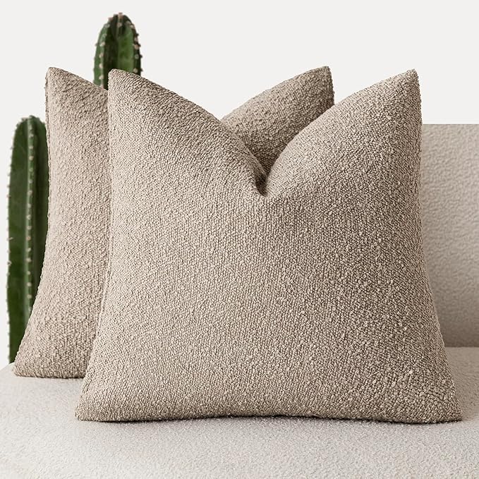 Foindtower Pack of 2, Decorative Textured Boucle Throw Pillow Covers Neutral Accent Solid Pillow Cases Soft Couch Cushion Case for Chair Sofa Bedroom Living Room Home Decor 22x22 Inch Light Khaki Tan