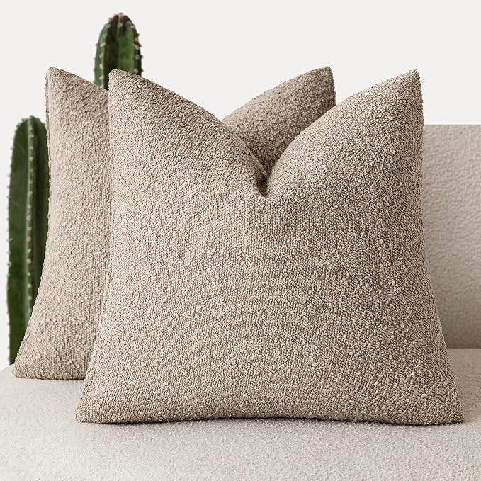 Foindtower Set of 2, Decorative Textured Boucle Throw Pillow Covers Accent Solid Pillow Cases Neutral Cozy Couch Cushion Case for Chair Sofa Bedroom Living Room Home Decor 24x24 Inch Light Khaki Tan