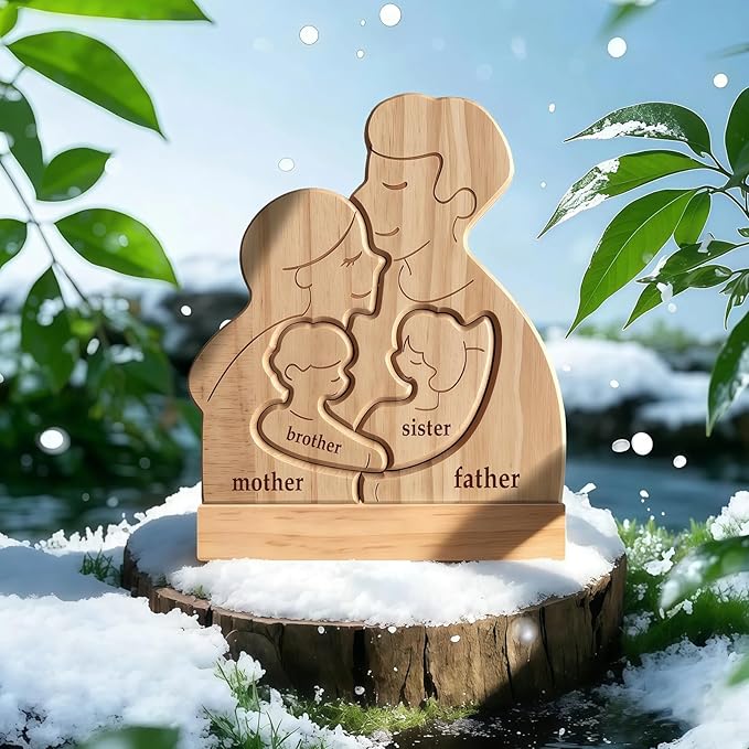 Personalized Wooden Family Puzzle with 2-5 Names - Custom Hugging Art Figurine for Rustic Home Decor - Unique for Mom Dad & Kids (Family of 3 to 5)