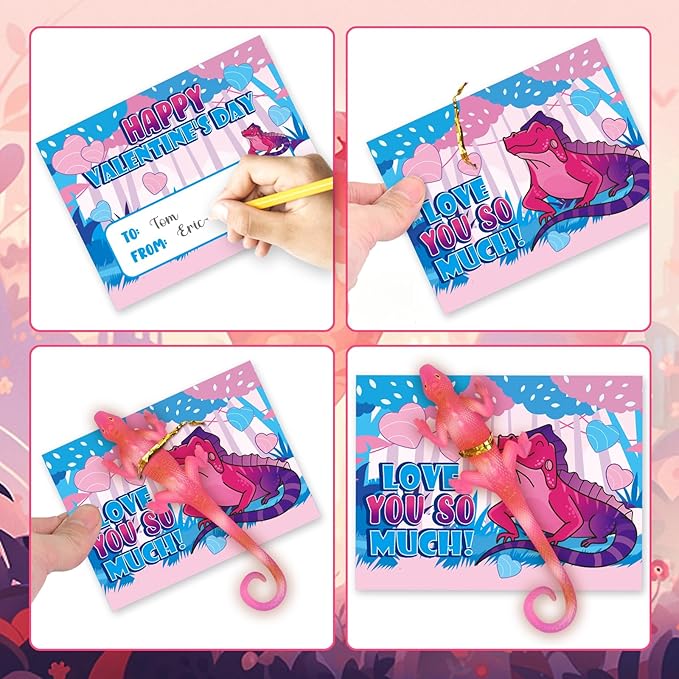 24PCS Valentines Day Cards for Kids School Classroom Exchange, Valentine's Day Gift Cards with Change Color Lizard Toys, Valentines Greeting Cards Bulk for Kids School Classroom Exchange