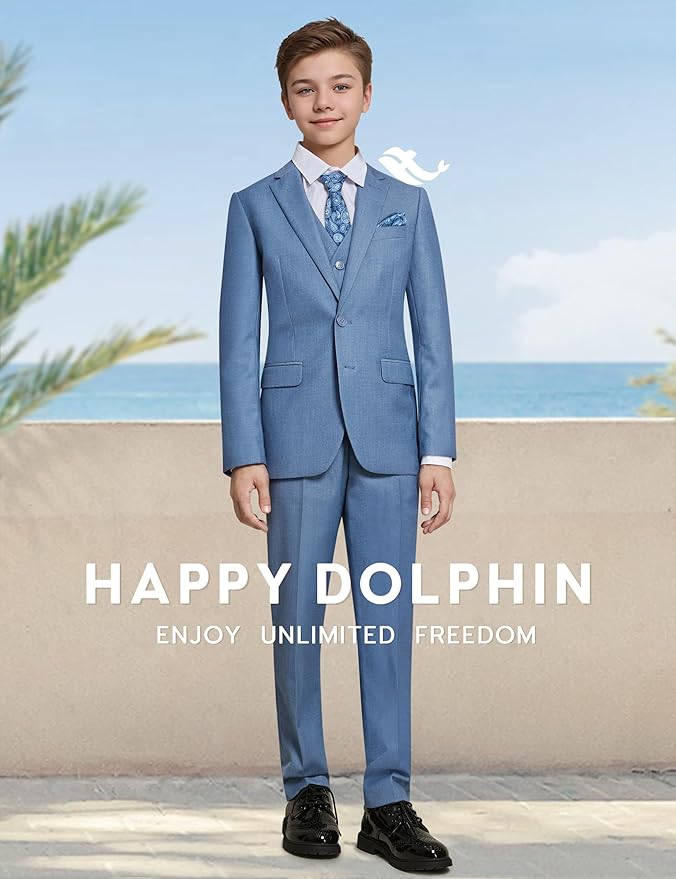 Happy Dolphin Boys Suit Set Modern Fit Kids Suits Adjustable Waist Boys Wedding Outfit for Boy Communion Suits for Boys