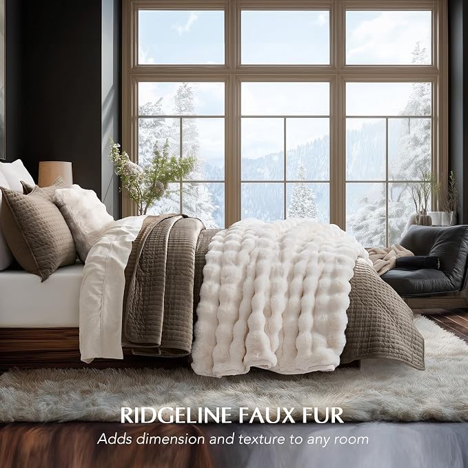 Faux Rabbit Fur Bubble Throw Blanket, 50"x60", Ivory White | Ultra Soft, Luxury Faux Rabbit Fur Throw, Thick Warm Bubble Blanket, Cozy Fluffy Reversible, for Bed, Couch, Chair, Sofa