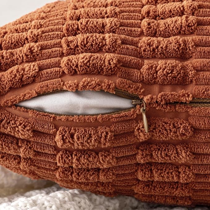 MIULEE Fall Decorative Throw Pillow Covers 12x12 Dark Rust Pack of 2 | Terracotta Soft Corduroy Boho Striped Pillow Covers Modern Farmhouse Autumn Home Decor For Sofa Living Room Couch Bed