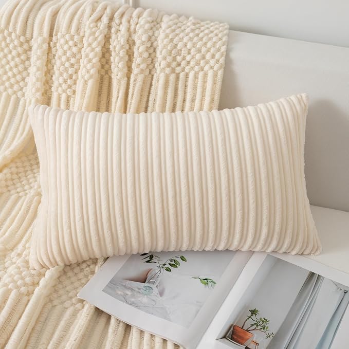 UGASA 12x24 Inch Pillow Cover Pack of 1 Soft Boho Stripe Corduroy Long Rectangular Lumbar Cushion Cover Farmhouse Decorative Throw Pillowcase for Bed, Couch, Sofa, Bedroom, Living Room, Cream