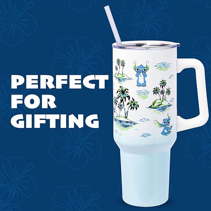 Silver Buffalo Disney Lilo and Stitch Vintage Sketch Palm Trees and Flowers Double Walled Stainless Steel Tumbler with Handle and Straw, Fits in Standard Cup Holder, 40 Ounces