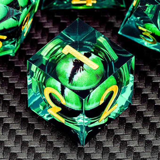 ARUOHHA DND Resin Dice Dragon Eye Dice Liquid Core Green Sharp Edged Dice Set with Gift Box, Dungeons Polyhedral D and D Dice Set Compatible with D&D Role Playing Game D20 D12 D10 D8 D6
