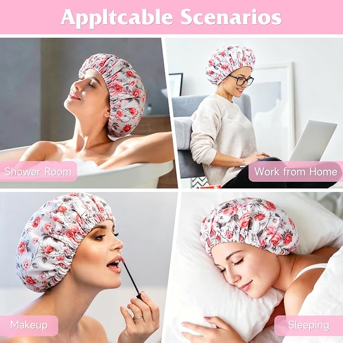Reusable Castor Oil Hair Cap for Women, Suitable for Treating Dry, Damaged Hair, Overnight Organic Cotton Hair Cap (Oil Not Included), Red Flowers, M