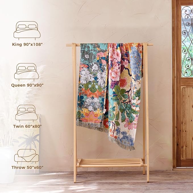 LUTBM Boho Throw Blanket for Couch 50"x60", Cotton Decorative Bed Throws | Reversible Watercolor Floral Jacquard, All-Season, For Chair Sofa Living Room, Soft Lightweight Summer Blankets, Home Decor