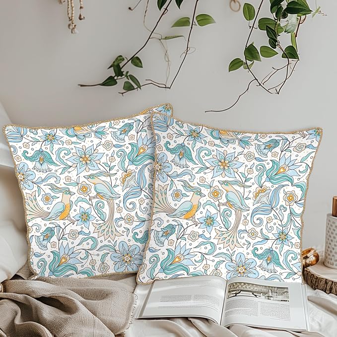 KSLIDS Vintage Floral Soft Velvet Throw Pillow Covers Set of 2 Blue Yellow Flower Birds Decorative Pillow Covers 18x18 Inch Chinoiserie Country Pillow Case for Sofa Couch Bedroom Farmhouse Home Decor