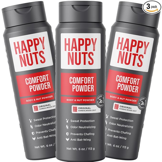 HAPPY NUTS Comfort Powder Deodorant For Men: Anti-Chafing Sweat Defense, Odor Control, Aluminum-Free, 6 oz (3 Pack), Original Scent
