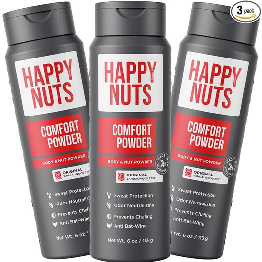 HAPPY NUTS Comfort Powder Deodorant For Men: Anti-Chafing Sweat Defense, Odor Control, Aluminum-Free, 6 oz (3 Pack), Original Scent
