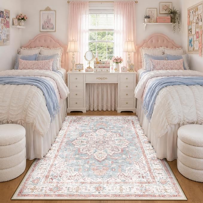 CAPALOCA 4x6 Washable Nursery Girls Low Pile Area Rug Pink Blue | Non-Slip Soft Rugs for Bedroom Kids Playroom Living Room, Print Pattern Water Repellent Carpet Indoor Decor
