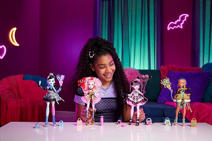 Monster High Scary Sweet Birthday Doll, Frankie Stein in Black Party Dress with Themed Accessories Like Invite, Balloon, Toy, Lipstick and More